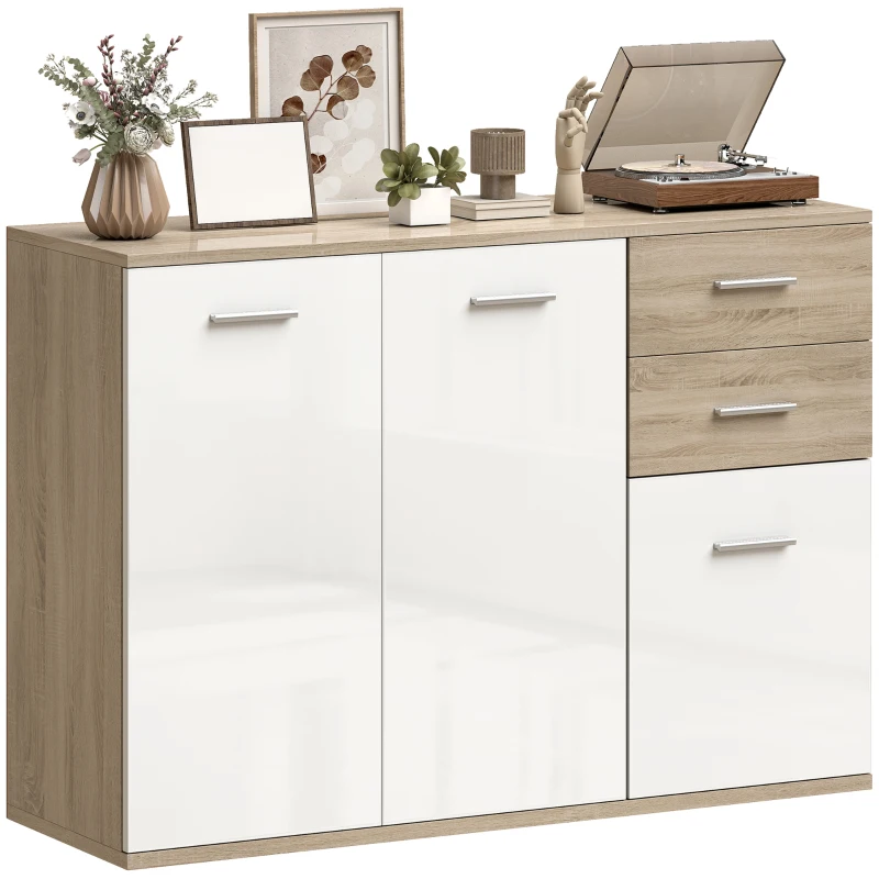 HOMCOM Bufet Modern cu 3 Dulapuri și 2 Sertare, din Lemn, 106x35x76 cm, Culoare Lemn