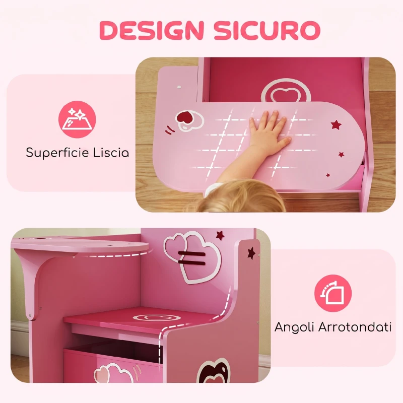 AIYAPLAY Set Tavolo e Sedia per Bambini 3-5 Anni in Legno MDF con Motivi a Cuore, Contenitore Integrato, Rosa