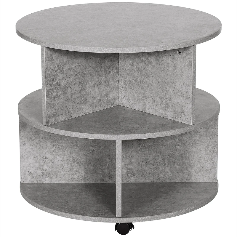 HOMCOM Round Coffee Table with Wheels, 3-Tier Rolling Side Table for Living Room with Divided Shelves, Cement Colour