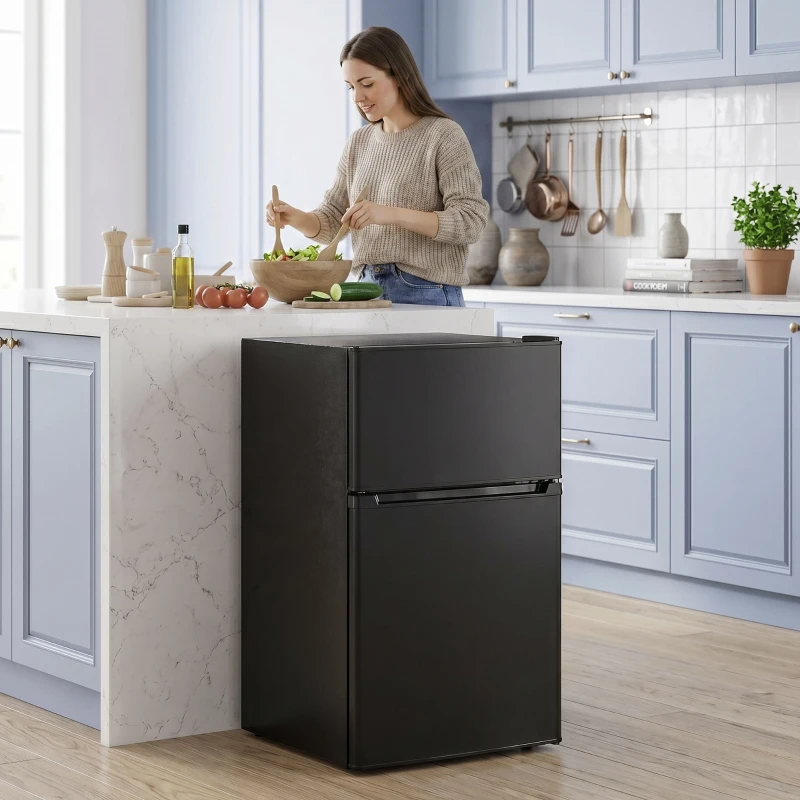 HOMCOM 88L Under Counter Fridge Freezer, Small Refrigerator with 5-Setting, 3 Star Freezer Rating, Black