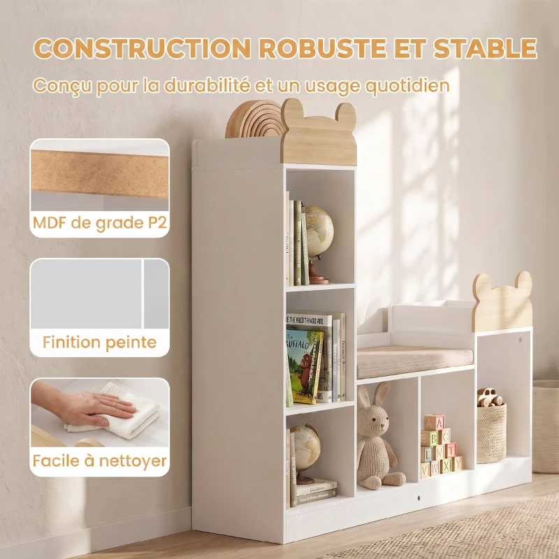 AIYAPLAY Bibliothèque Enfant, Meuble Rangement Enfant 3 en 1 avec Banc, 6 Compartiments, 2 Étagères, Coussin d'Assise, Blanc