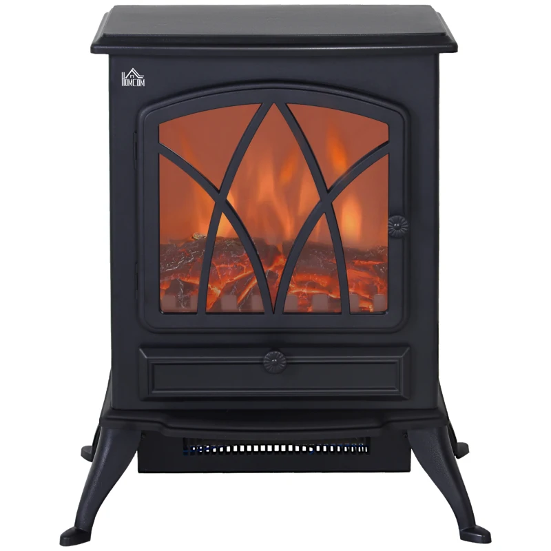 HOMCOM Chimenea Eléctrica Móvil 1000W/2000W Estufa de Pie Silencioso con Efecto de Llamas y Área de Cobertura 30m² Negro