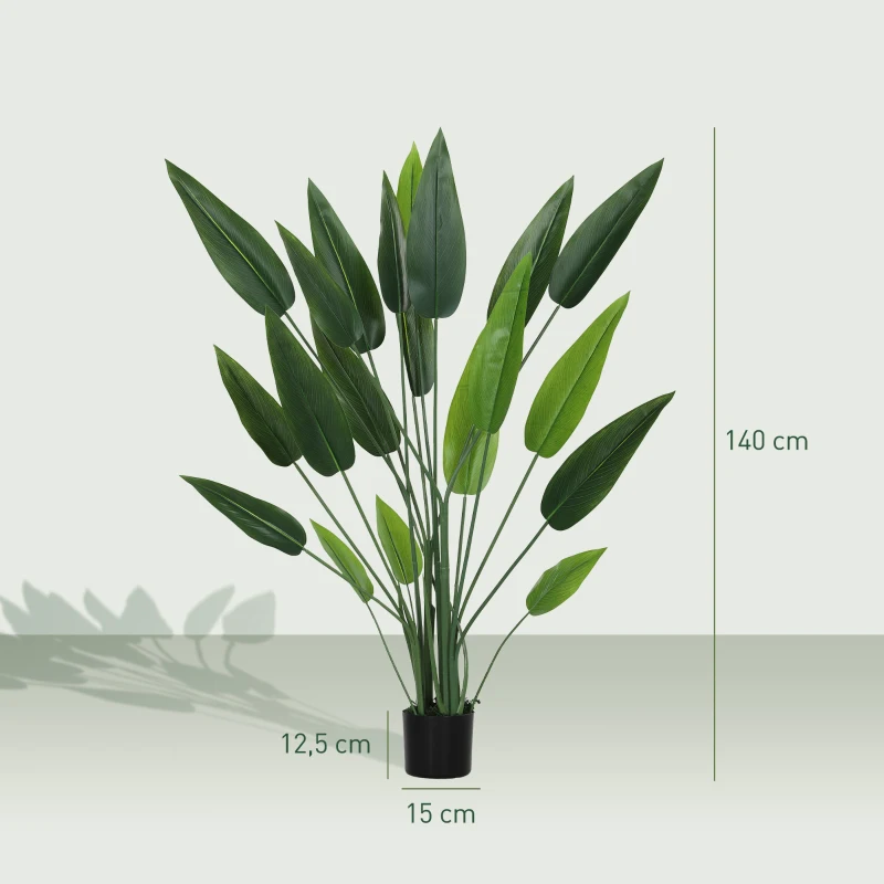HOMCOM Pianta Artificiale Verde di Uccello del Paradiso da 20 Foglie di 140 cm con Vaso, in PE, PEVA e PP