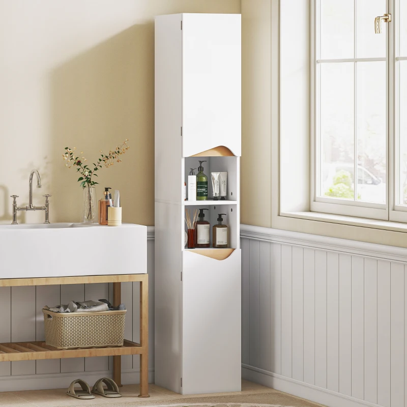HOMCOM Meuble colonne salle de bain étroit, 2 portes, compartiments ouverts, étagères réglables, 30 x 34,6 x 180,5 cm, blanc