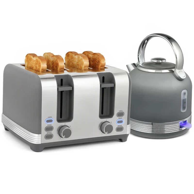 HOMCOM Stainless Steel Kettle and Toaster Set, 1.7L 3000W Cordless Fast Boil Kettle, 4 Slice Toaster Kitchen Set, Grey