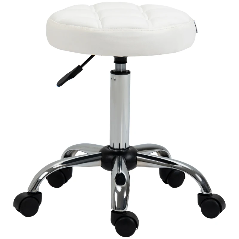 HOMCOM Taburete Giratorio con Ruedas Regulable en Altura de 48-63 cm Taburete de Trabajo Tapizado en Cuero PU para Peluquería Cosmética Dentista Diámetro Ø35,5 cm Blanco