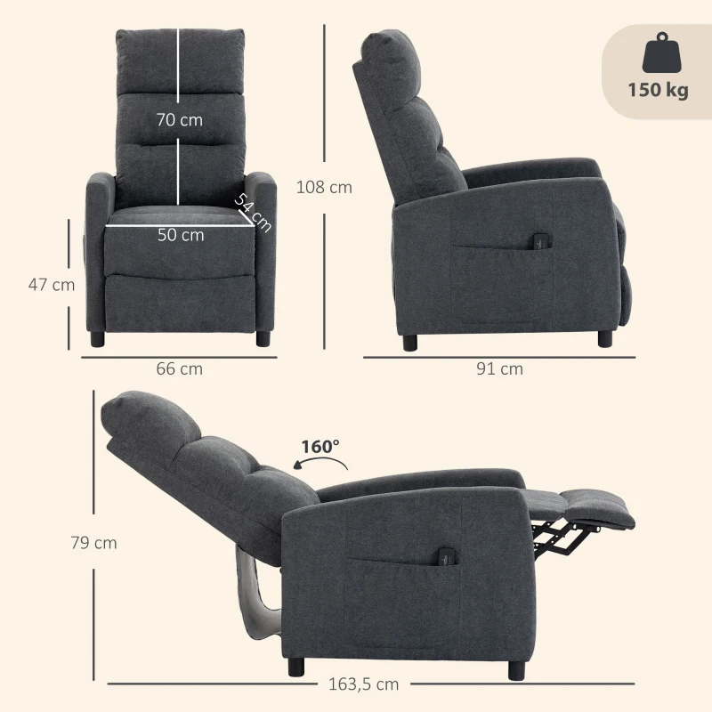 HOMCOM Sillón de Masaje Reclinable con Reposapiés 2 Zonas de Masaje Respaldo Alto Bolsillos Tapizado en Chenilla Gris