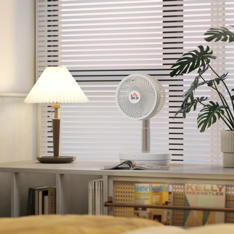 HOMCOM Ventilateur de bureau avec télécommande et batterie rechargeable, alimenté par USB, inclinaison et hauteur réglables, blanc