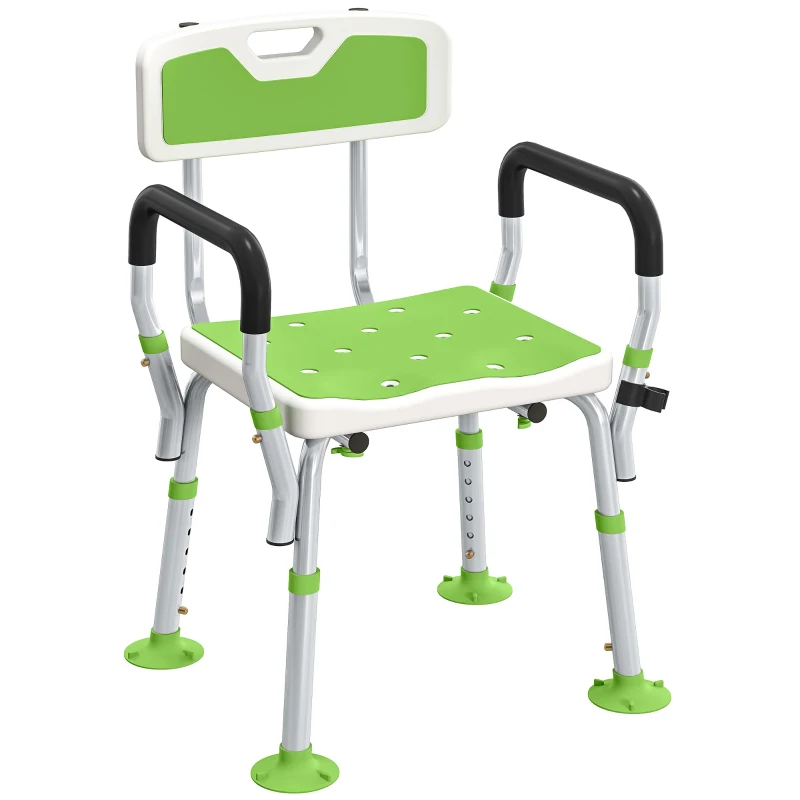 HOMCOM EVA Padded Shower Chair for the Elderly and Disabled, Height Adjustable Shower Stool with Back and Arms, 4 Suction Foot Pads, Green