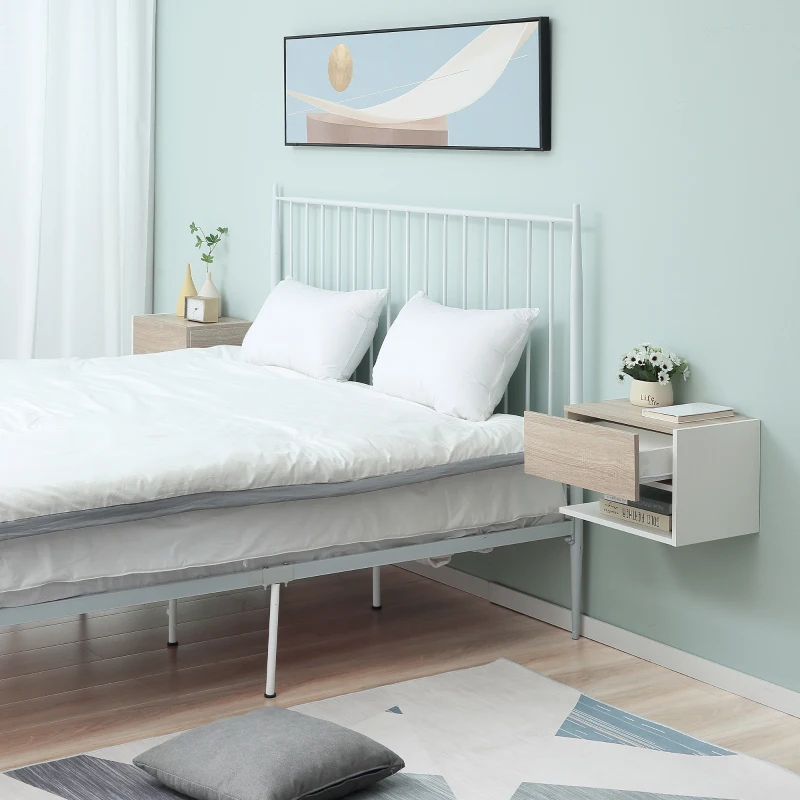 HOMCOM Set 2 Comodini Sospesi a Parete con Cassetto e Mensola Bianco e Rovere