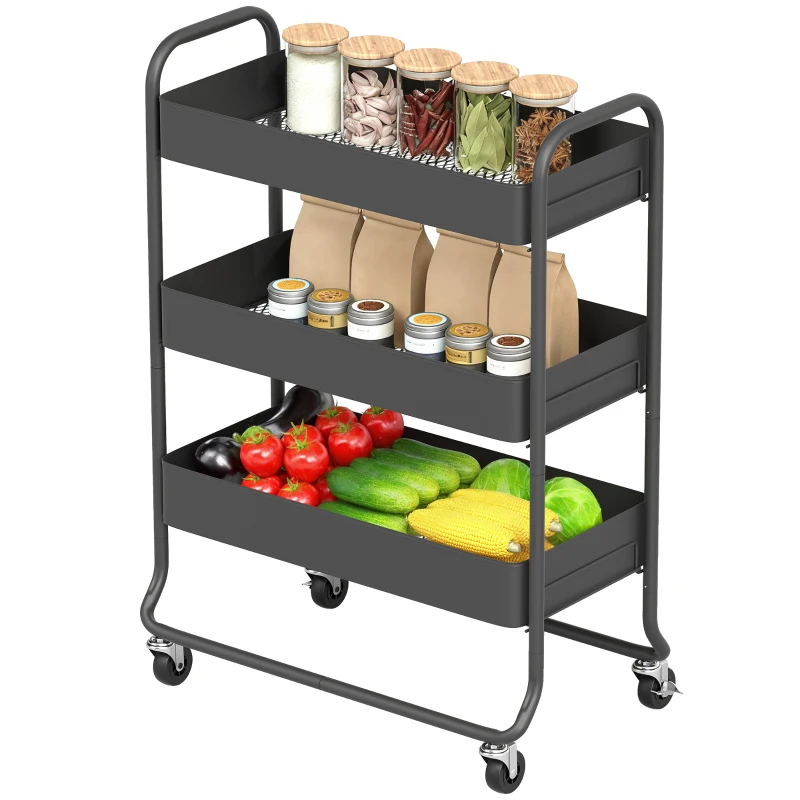 HOMCOM Küchenwagen, 3 Körbe, 4 Rollen, Metall, Schwarz