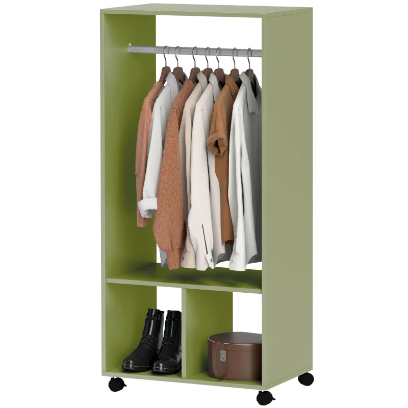 HOMCOM Open Wardrobe on Wheels, Bedroom Wardrobe with Clothes Hanging Rail, 2 Storage Shelves, Mobile Garment Rack for Cloakroom, Hallway, Green