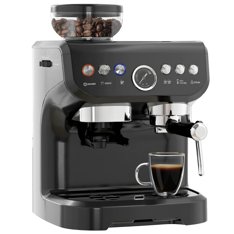 HOMCOM Machine à expresso 1600W avec moulin à grains, buse vapeur, pompe italienne 15 bars, réservoir d'eau 2 L, noir