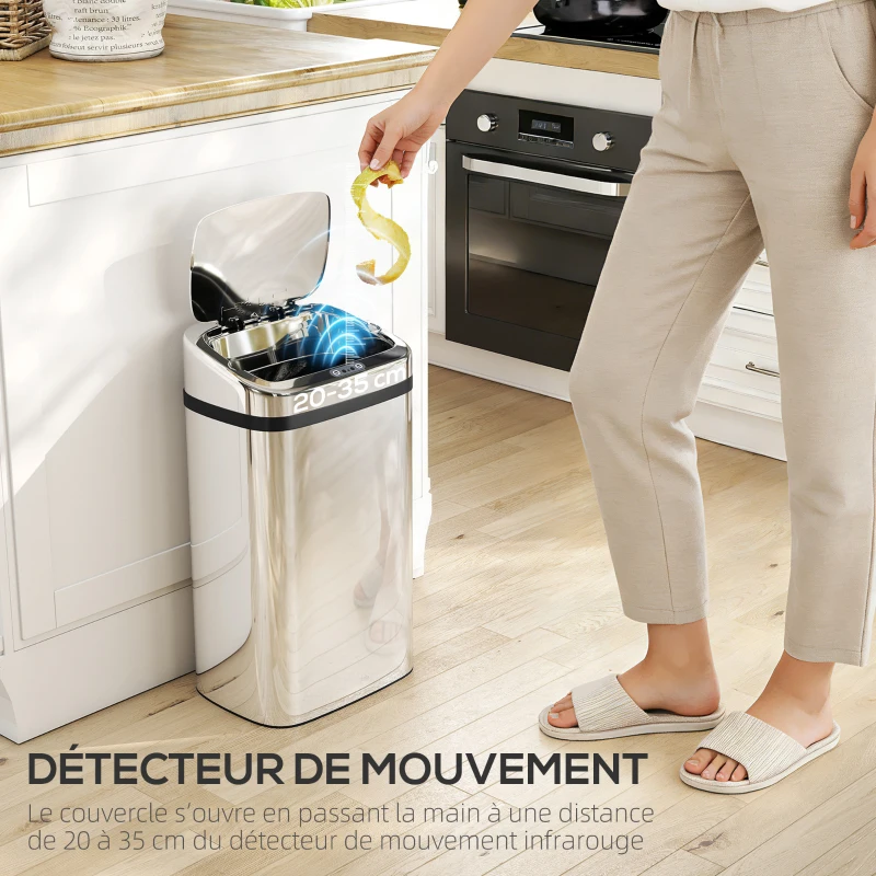 HOMCOM Poubelle à capteur de mouvement ouverture automatique 1 bac de 30 L en acier inoxydable