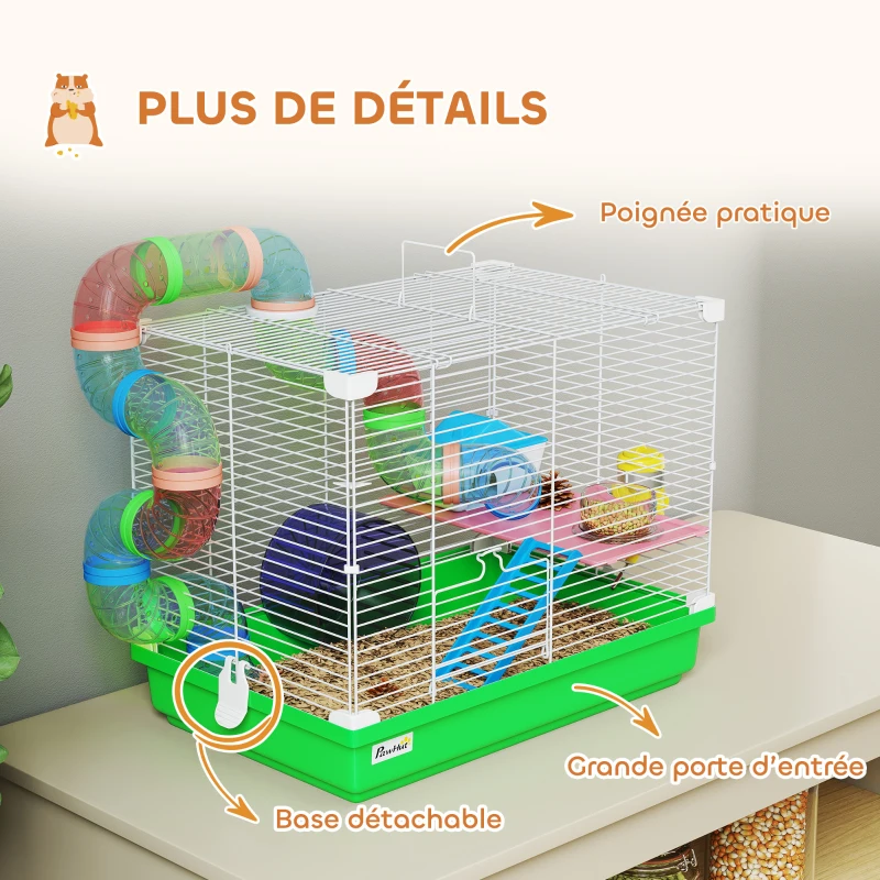PawHut Cage à hamster rongeur 2 niveaux avec tunnel, biberon eau, roue, maisonnette, échelles 46 x 30 x 37 cm vert