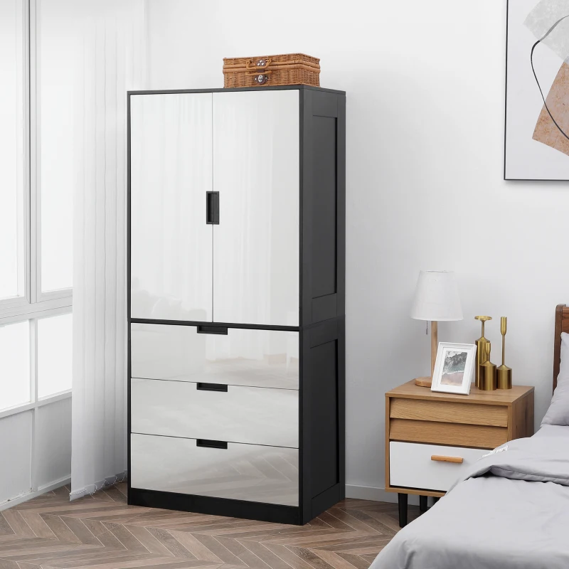 HOMCOM 2 Door Wardrobe, Modern Wardrobe with 3 Drawers and Hanging Rod for Bedroom, High Gloss White