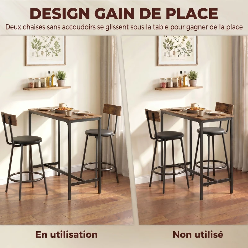 HOMCOM Ensemble Table de Bar avec 2 Tabourets, Table Haute de Cuisine et 2 Chaises de Bar Rembourrées PU, Repose-Pieds, Marron