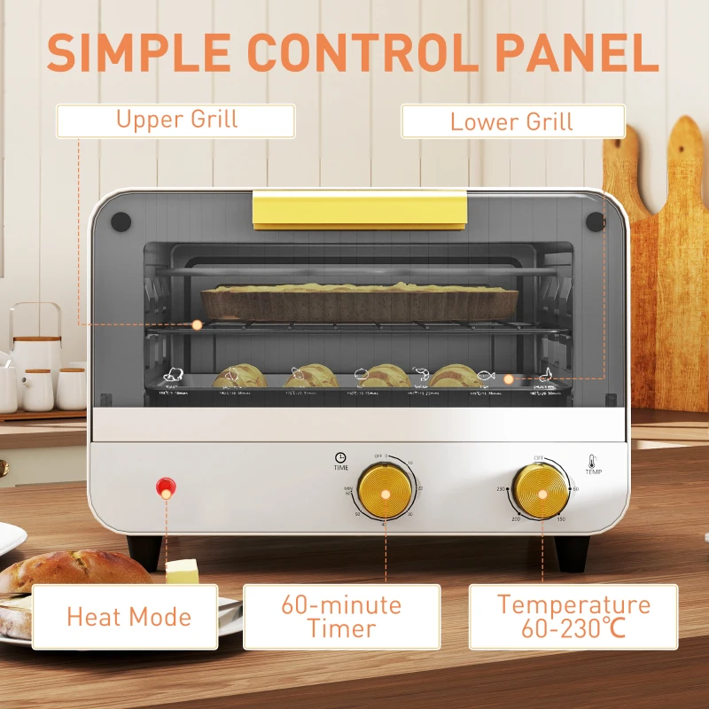 HOMCOM Small Toaster Oven, 12L Multifunction Mini Countertop Oven with Glass Door, Adjustable Temperature and Timer, White