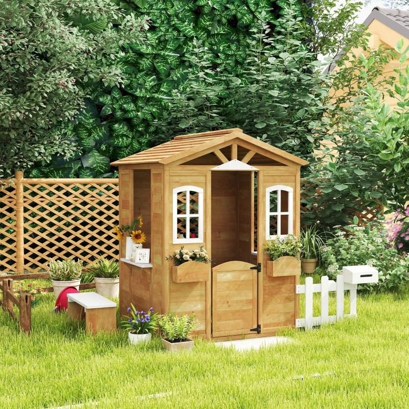 Outsunny Casita Infantil de Exterior a Partir de 3 Años Casa de Juegos de Madera con Buzón Banco 204x107x140 cm para Exterior Interior Color Madera Natural