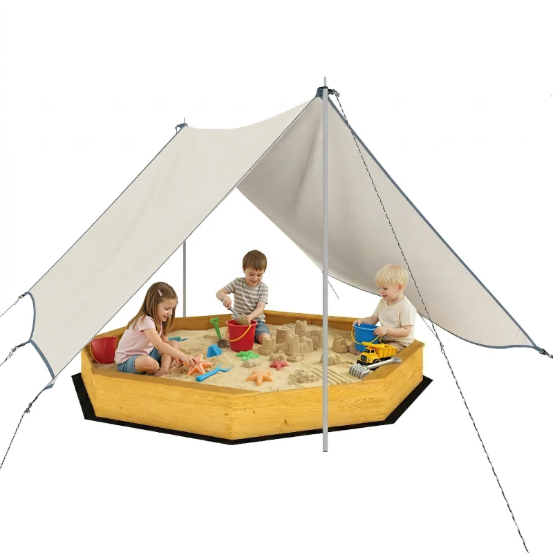 AIYAPLAY Sandkasten mit Dach 4 Sitzbänken Bodenplane für 8 Kinder von 3-8 Jahren für Outdoor Garten Holz 214,5 x 214,5 cm Gelb
