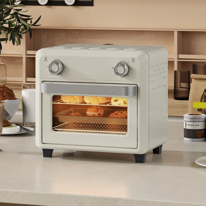 HOMCOM 10L Heißluft-Ofen zum Grillen, Backen und Frittieren, Timer, 1000W, Spülmaschinenfest, Cremeweiß