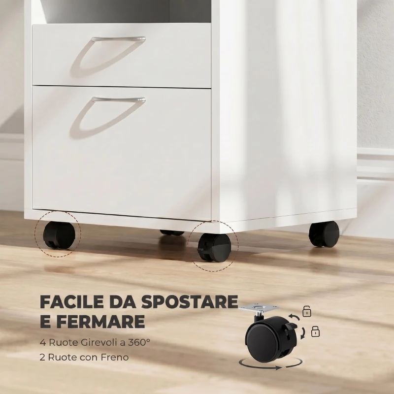 HOMCOM Schedario da Ufficio con Cassetto, Armadietto, Ruote a Freno e Ripiano Aperto, Cassettiera Ufficio per Lettera/Legale/Formato A4, Armadio Verticale per Studio, 40x35x60 cm, Bianco