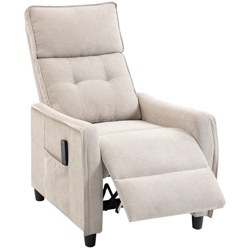 HOMCOM Sillón de Masaje Reclinable con Reposapiés 2 Zonas de Masaje Asiento de Muelles Bolsillos Tapizado en Lino Crema