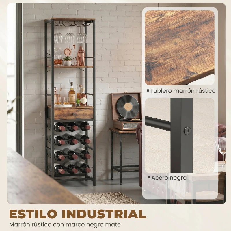 HOMCOM Mueble de Bar para Vinos con Soporte de Copas y Cajón Botellero para 12 Botellas con Estante Abierto Marrón Rústico