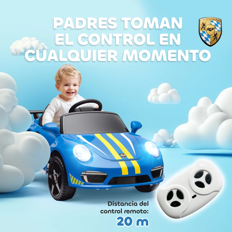 AIYAPLAY Coche Eléctrico para Niños con Licencia RUF CTR 3 Clubsport Mando a Distancia Motor Doble Sirena Ruedas Auxiliares Azul