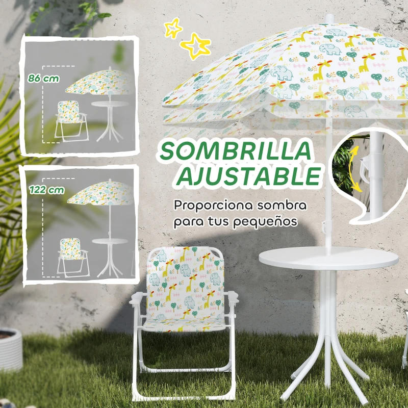 AIYAPLAY Conjunto de Mesa y Sillas Infantil de Jardín 4 Piezas Sillas Plegables Sombrilla Ajustable Diseño de Elefantes Blanco