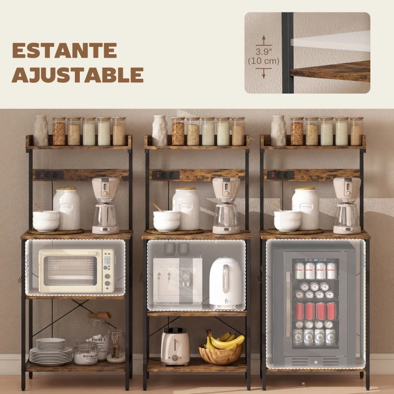 HOMCOM Estantería de Cocina con 2 Tomacorrientes Estante para Microondas Estante Ajustable Ganchos 60x42x137 cm Marrón Rústico