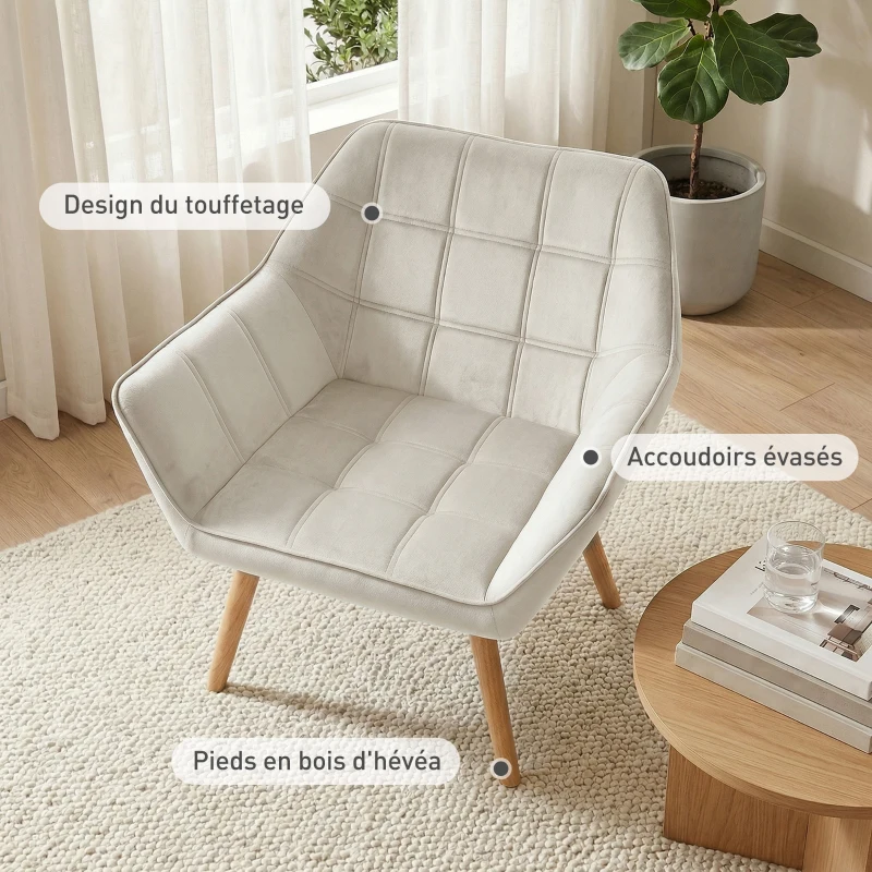 HOMCOM Fauteuil style scandinave dossier haut et accoudoirs, revêtement en polyester effet velours, 67 x 61,5 x 71 cm, crème