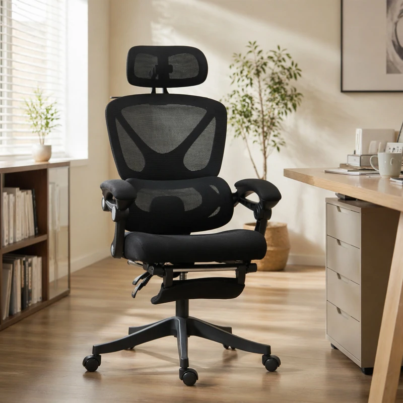 HOMCOM Chaise Bureau Ergonomique avec Appui-Tête Réglable, Fauteuil de Bureau Inclinable en Maille, Dossier Séparé, Noir