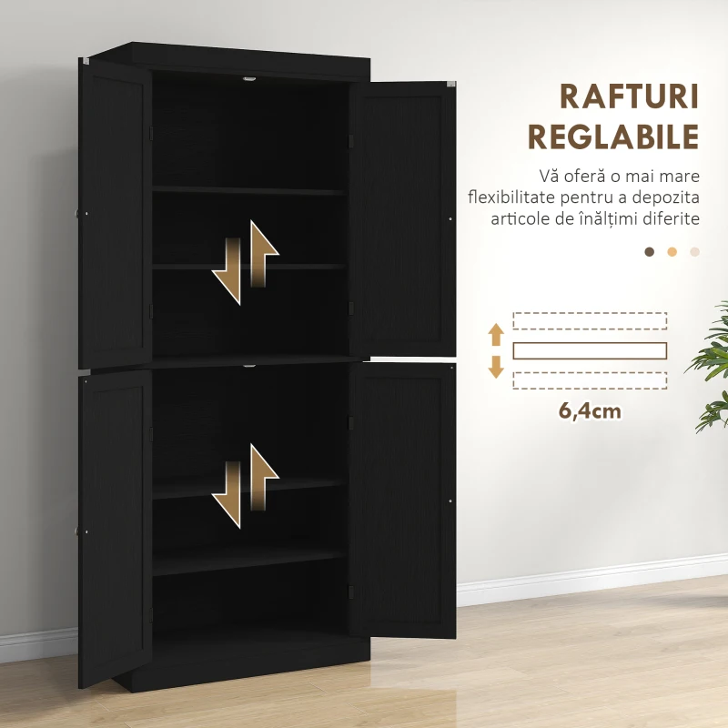 HOMCOM Dulap Înalt de Bucătărie cu 6 Rafturi Reglabile și 4 Uși din Lemn, 76x40.5x184 cm, Negru