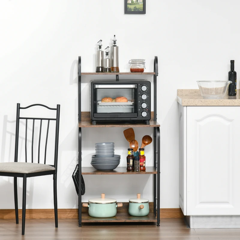 HOMCOM 4-Tier Baker's Rack, Microwave Stand with 4 Hooks, Kitchen Storage Unit for Spices, Pots and Pans, Rustic Brown