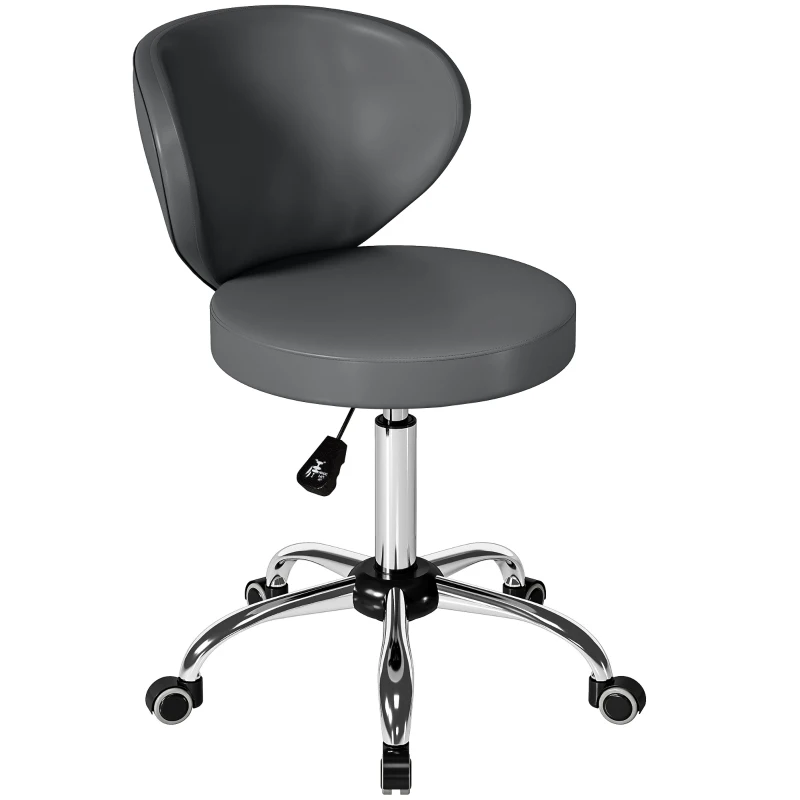 HOMCOM Tabouret à roulettes, tabouret de massage en PU avec hauteur réglable 73-88 cm et dossier, pivotant 360°, gris