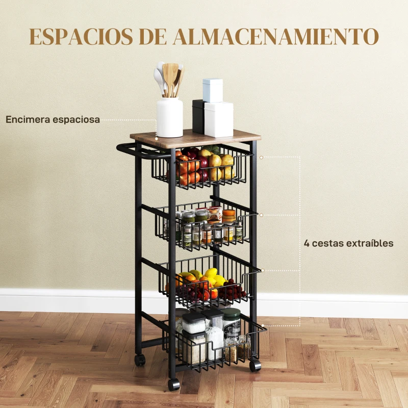 HOMCOM Carrito Verdulero para Cocina con 4 Cestas Deslizables y Marco de Acero 49,5x31x91 cm Roble