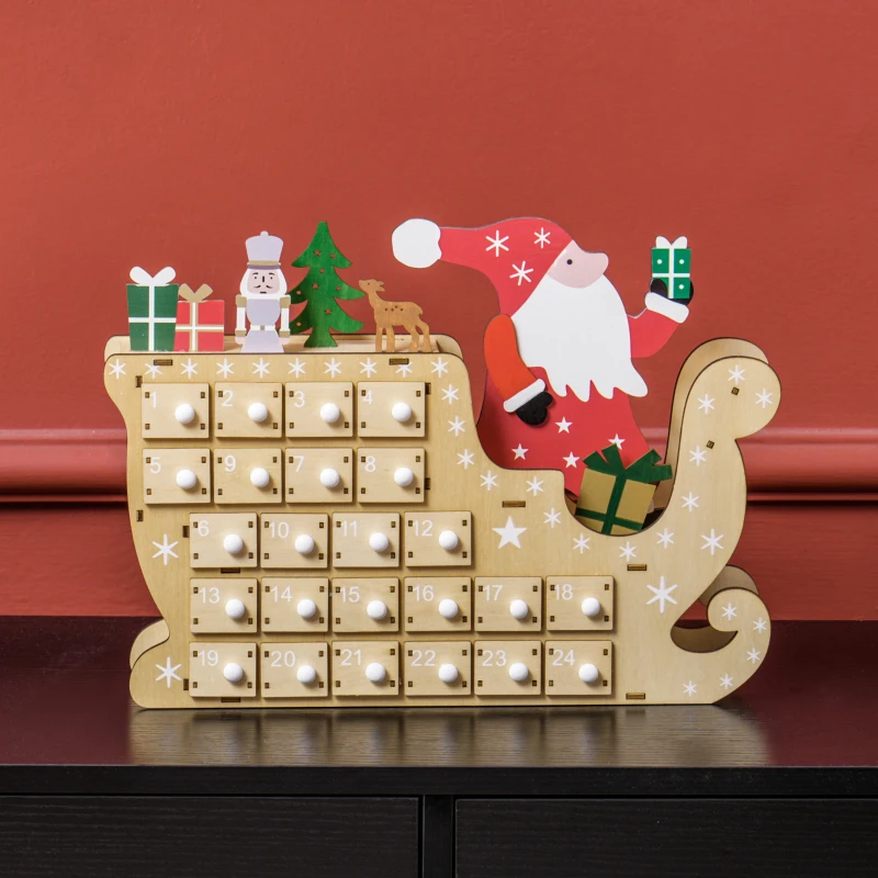 HOMCOM Calendario de Adviento de Madera con 24 Cajones Calendario de Navidad Reutilizable para Rellenar 22,5x8x36 cm Natural