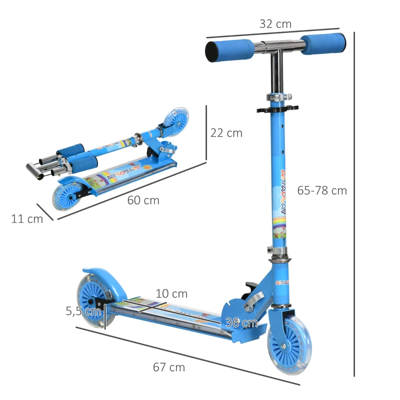 HOMCOM Patinete Infantil Plegable con Luces Música Altura Ajustable Ruedas Brillantes Pedal LED Carga 50kg 67x32x65-78 cm Azul