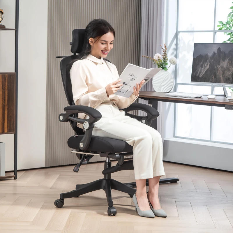 HOMCOM Chaise Bureau Ergonomique avec Appui-Tête Réglable, Fauteuil de Bureau Inclinable en Maille, Dossier Séparé, Noir
