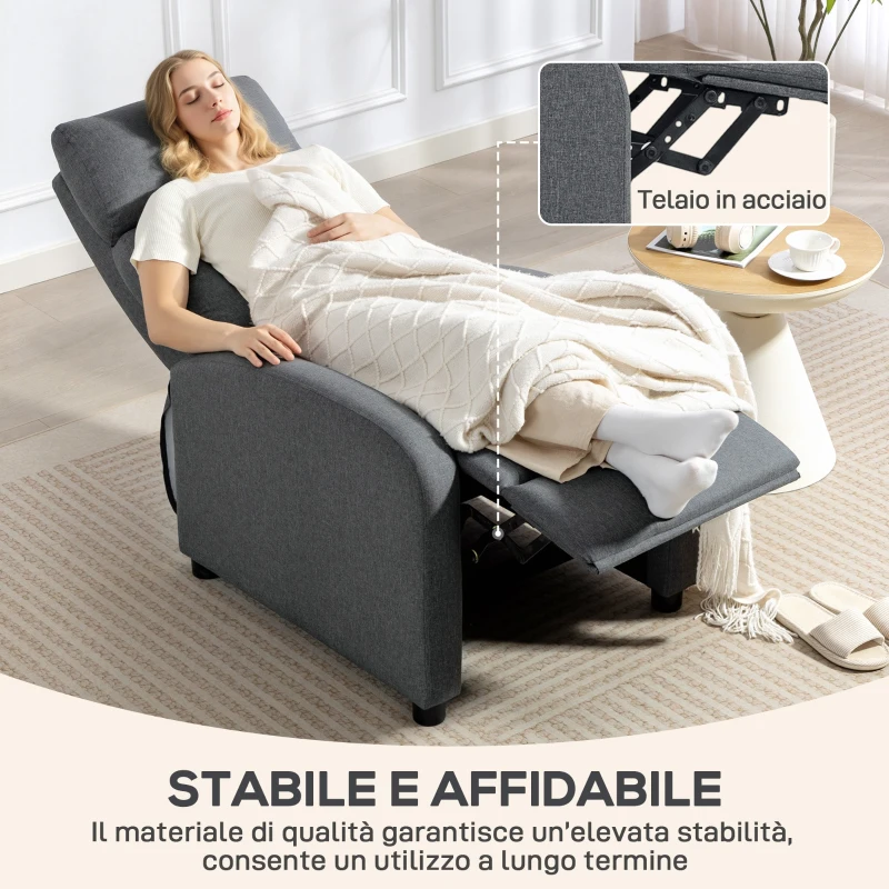HOMCOM Poltrona Relax Imbottita e Reclinabile a 135° e Poggiapiedi in Tessuto, 69x87x100.5 cm, Grigio