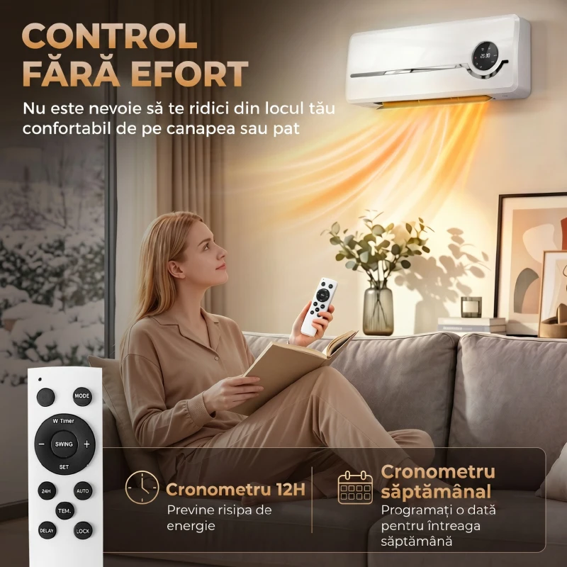 HOMCOM Aerotermă Ceramică 2000W de Perete cu 3 Moduri, Temperatură Reglabilă, Temporizator, Telecomandă, Blocare pentru Copii, Alb