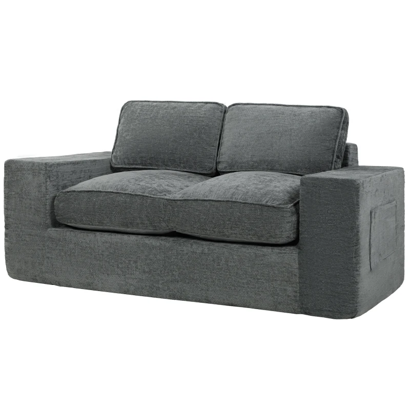 HOMCOM Canapé 2 Places en Chenille, Canapé de Salon 156 cm, Assise et Accoudoirs Larges Rembourrées, 2 Oreillers, Gris