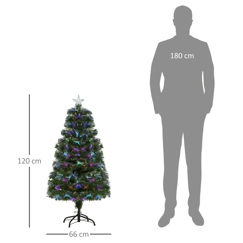 HOMCOM Albero di Natale 120cm con 130 Luci a LED e Fibre Ottiche Colorate, 130 Rami in PVC Ignifughi e Base in Metallo