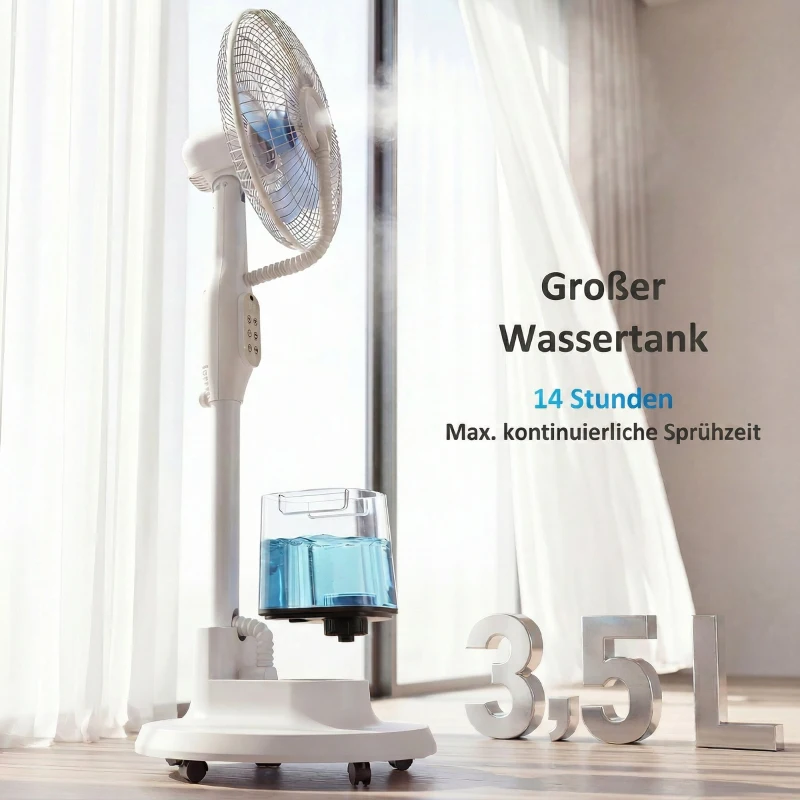 HOMCOM Stehventilator mit Sprühnebel, 70° Oszillation, 3 Geschwindigkeiten, 3 Modi, 3,5L Wassertank, Weiß