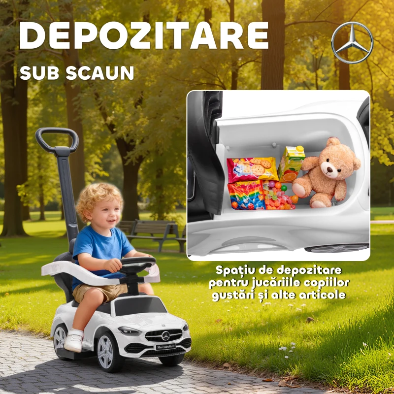 AIYAPLAY Mașinuță pentru Copii 1-3 Ani convertibilă în Cărucior cu Licență Mercedes, 91x40x83 cm, Alb