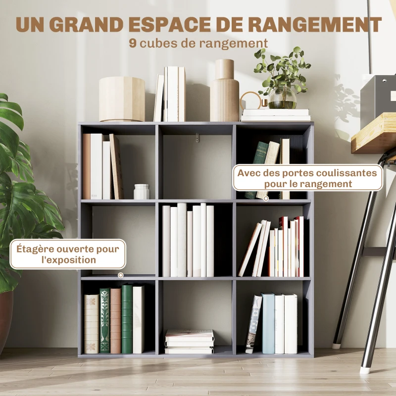 HOMCOM Bibliothèque, étagère de rangement à 3 niveaux avec 9 compartiments, pour salon, bureau, chambre, 91x29,5x91cm, gris