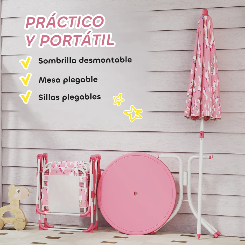 AIYAPLAY Conjunto de Mesa y Sillas Infantil de Jardín de 4 Piezas Sillas Plegables Sombrilla Desmontable Diseño Unicornios Rosa