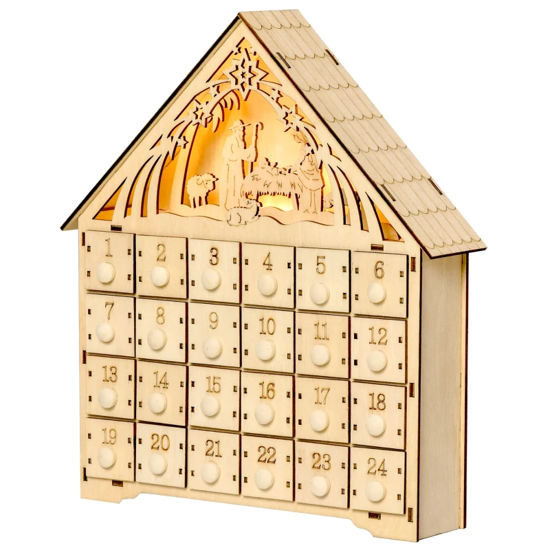 HOMCOM Calendario de Adviento de Madera con Luces Calendario de Navidad con 24 Cajas de Cuenta Regresiva 26,6x6x30 cm Natural