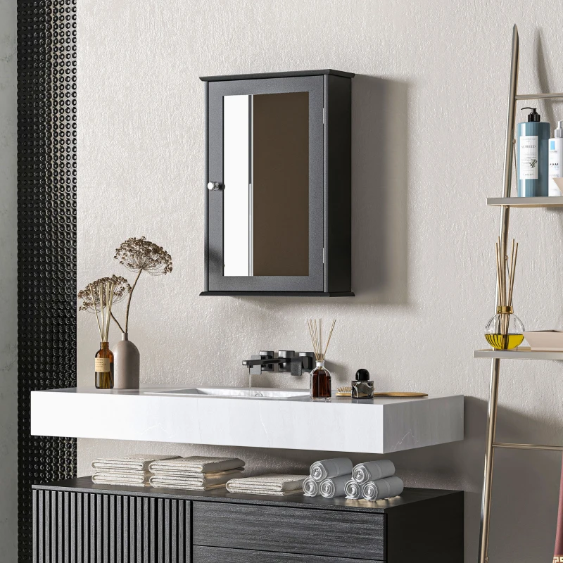 kleankin Mobiletto Bagno Pensile con Specchio e Anta a Chiusura Magnetica, 41x14x60 cm, Nero